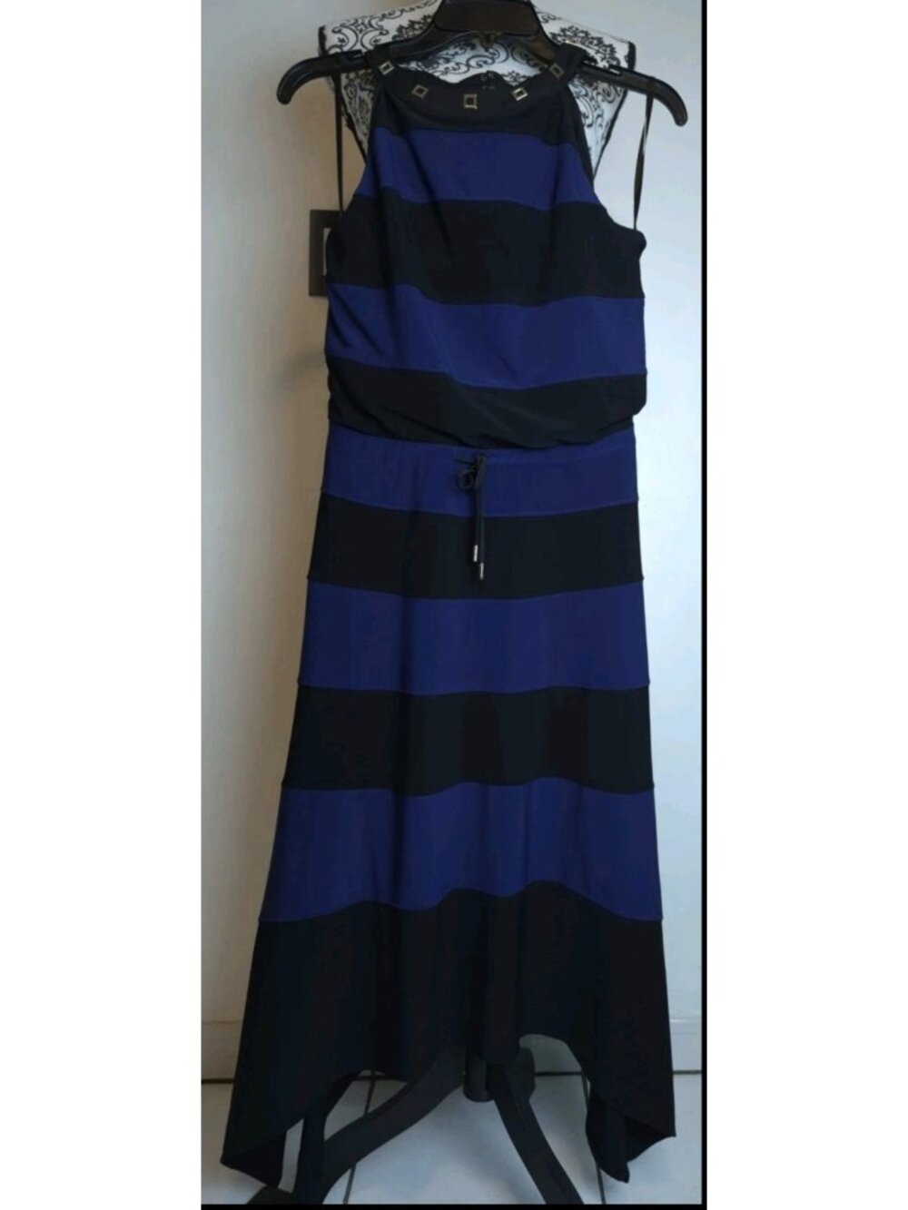 White House Black Market Striped Maxi Dress XS Halter Navy Black Hardware